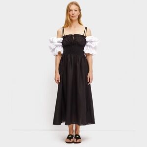 SLEEPER‎ Arle Maxi Milkmaid Linen Dress In Black NWT